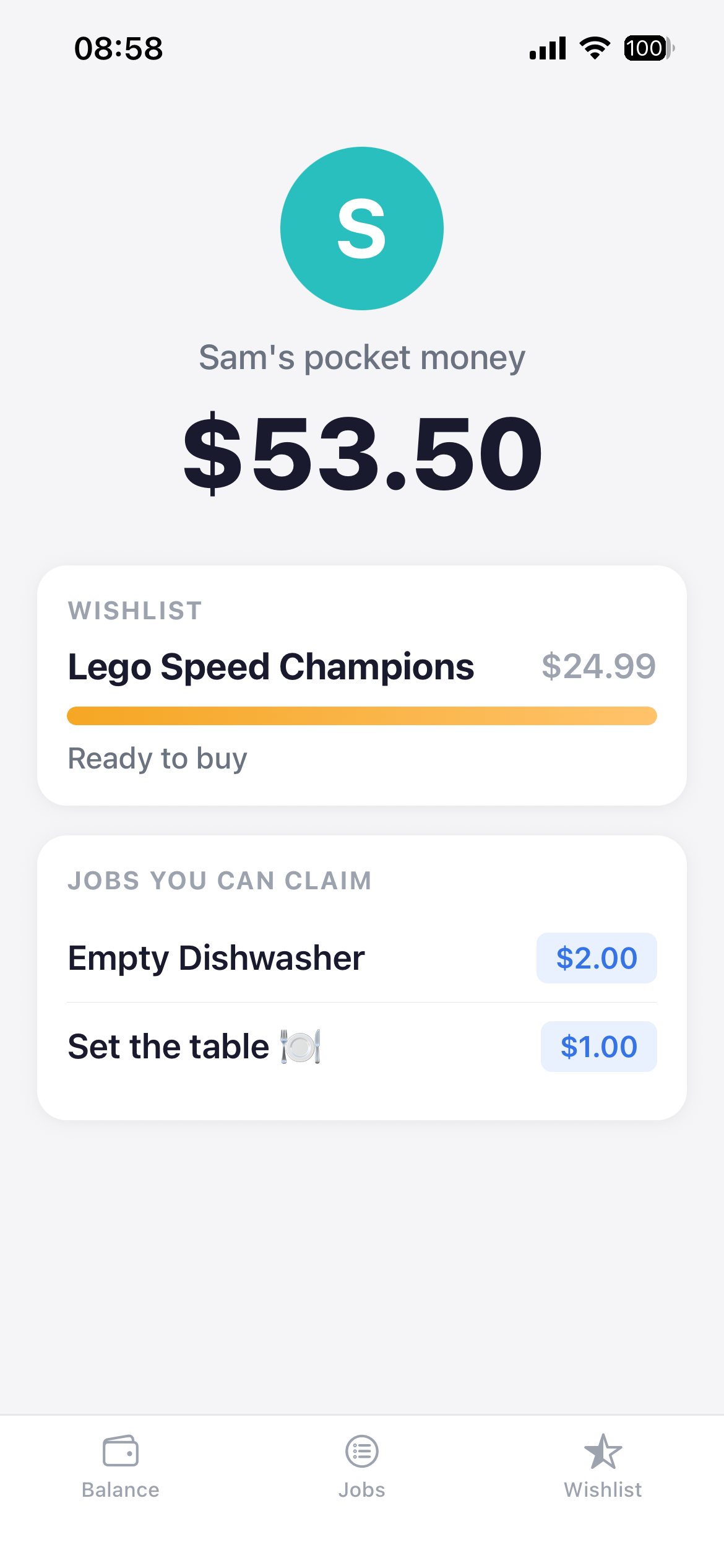 Kid's device view: balance, wishlist, jobs