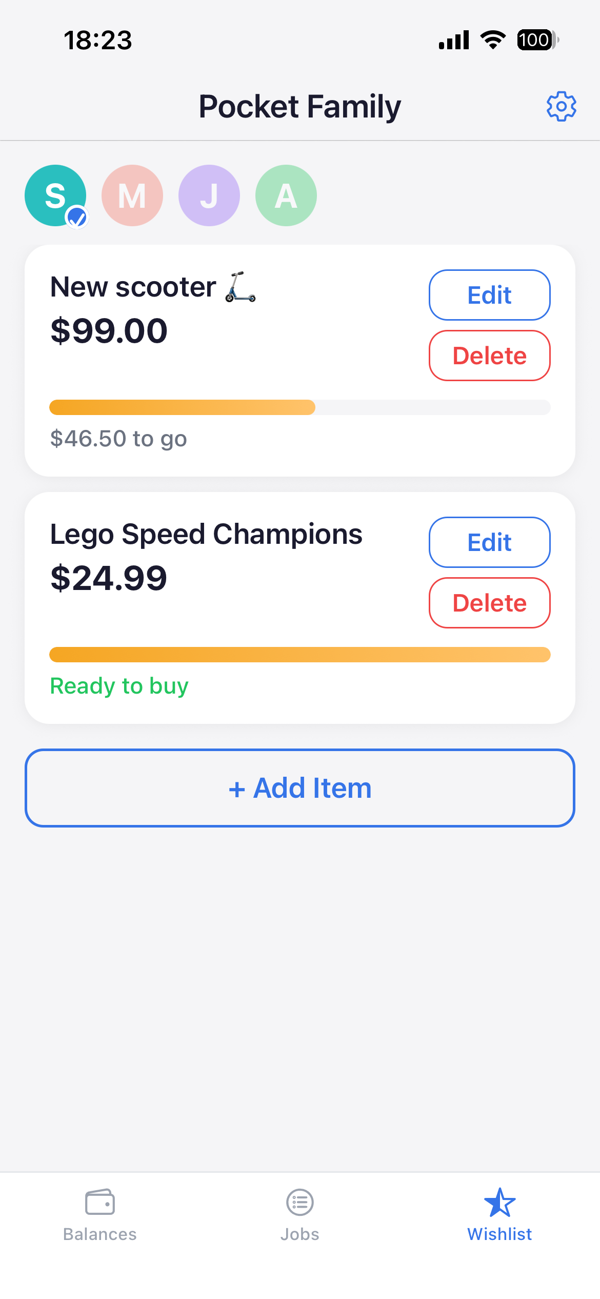 A kid's wishlist with savings progress